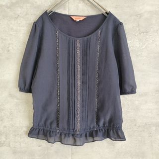 スーナウーナ(SunaUna)のスーナウーナ五分袖ブラウス ワールドネイビー シフォン異素材フリルM(シャツ/ブラウス(長袖/七分))