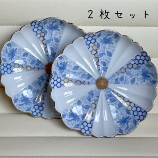 アリタヤキ(有田焼)の有田焼　西山窯　銘々皿　2枚　金彩古伊万里　染付唐草　菊割皿　色絵　輪花皿(食器)