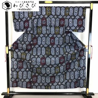 夏着物 浴衣 有松鳴海本絞り 六角形に花火模様 青褐色 K-5018(浴衣)