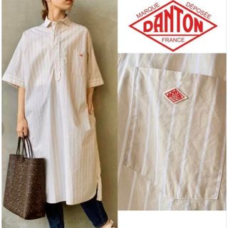 ダントン(DANTON)のDANTON コットンポプリン ストライプ半袖シャツワンピース 36 ベージュ(ロングワンピース/マキシワンピース)
