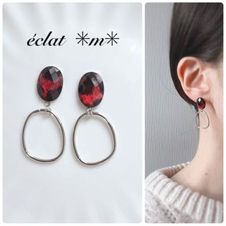 レッドカボション×silverフープ　ピアス