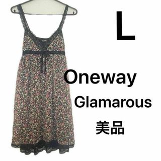 ワンウェイ(one*way)のワンウェイ 花柄 レース リボン キャミソールワンピース L スカート 半袖 黒(ひざ丈ワンピース)
