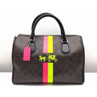 25k-293t【中古】COACH コーチ シグネチャー ダブルストライプ ホース アンド キャリッジ ベネット サッチェル ハンドバッグ ミニボストン F33889 SVDMS ブラウン ネオン レディース PVC キャンバス レザー