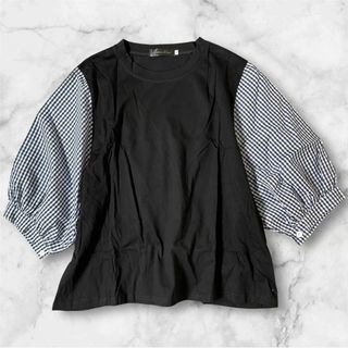 レディースTシャツ 異素材ミックス ドッキング シャツ風 ギンガムチェック【M】