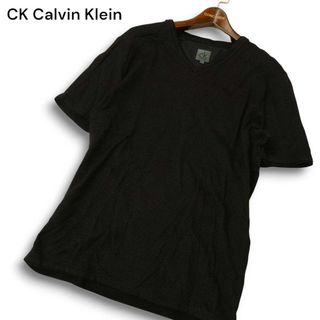CK Calvin Klein カルバンクライン 春夏★ 半袖 Vネック ボーダー Tシャツ カットソー Sz.XL メンズ 黒 大きいサイズ