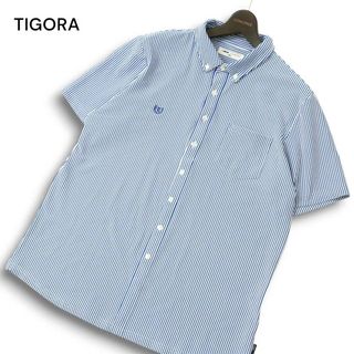 TIGORA ティゴラ ストレッチ シアサッカー★ ストライプ 半袖 ボタンダウン シャツ Sz.XL メンズ ネイビー 大きい ゴルフ