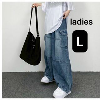 レディース　ワイドデニムパンツ　ブルー　ゆったり　カーゴパンツ　L ストリート(デニム/ジーンズ)