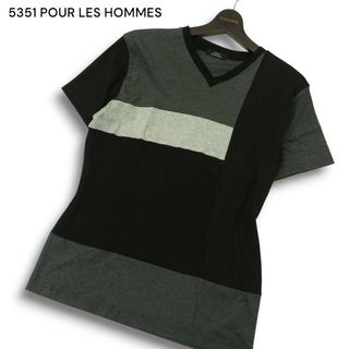 ゴーサンゴーイチプールオム(5351 POUR LES HOMMES)の5351 POUR LES HOMMES 5351プールオム 春夏 ブロック切替★ 半袖 Vネック カットソー Tシャツ Sz.46　メンズ 黒 日本製(Tシャツ/カットソー(半袖/袖なし))