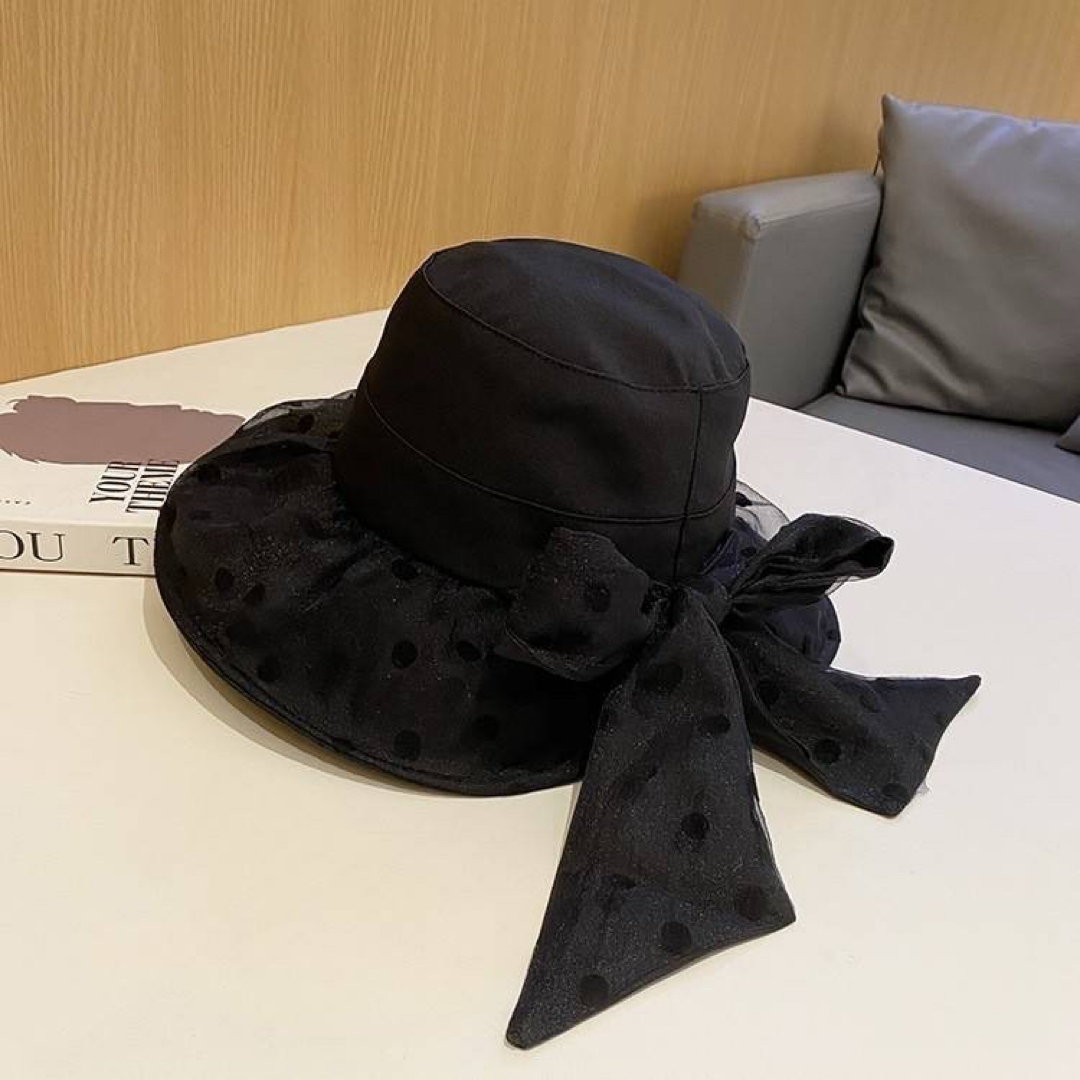シフォン ドット バックリボン ハット ブラック 帽子 レディース 日除け UV レディースの帽子(ハット)の商品写真