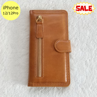 セール中♪ 左ジッパー 手帳型 iPhone12/12Proケース ブラウン(iPhoneケース)