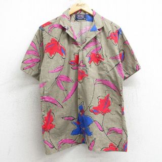 M★古着 半袖 シャツ メンズ 90年代 90s 花 総柄 コットン 開襟 オープンカラー USA製 ベージュ系他 カーキ 25jul02 中古 トップス(シャツ)