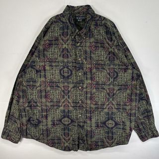 古着  TRADER BAY 長袖シャツ 大きいサイズ 胸ポケ ボタンダウン 2XL  グリーン 総柄 メンズ(シャツ)