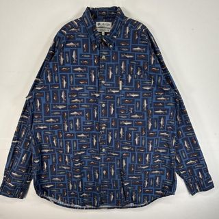 コロンビア(Columbia)の古着 コロンビア Columbia 長袖シャツ フィッシュパターン ワンポイント ロゴ 大きいサイズ XL  ブルー 総柄 メンズ(シャツ)