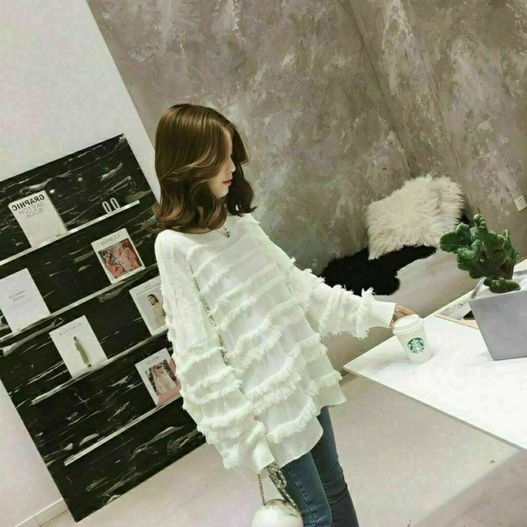 【残り2点】レディース フリンジニット ホワイト 白 韓国 レディースのトップス(ニット/セーター)の商品写真