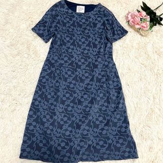 Sally Scott サリースコット 綿混 リーフ柄　ワンピース M 半袖(ひざ丈ワンピース)