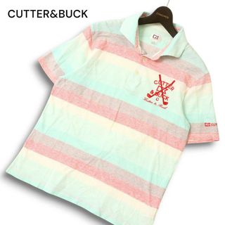 CUTTER&BUCK カッター＆バック ゴルフ 春夏 麻 リネン混★ ロゴ刺繍 ボーダー 半袖 ポロシャツ Sz.M メンズ(ウエア)
