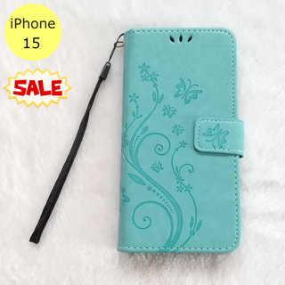 セール中♪ 蝶 手帳型 iPhone15 iPhoneケース グリーン