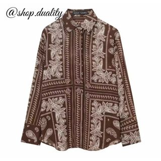 🦀7月新作🏝️17483◆brown レトロ 柄 シャツ ブラウス(シャツ/ブラウス(長袖/七分))