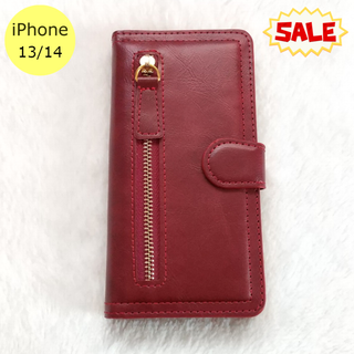 セール中♪ 左ジッパー 手帳型 iPhone13/14ケース レッド(iPhoneケース)