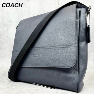 コーチ(COACH)の【極美品✨】 COACH ヒューストン メッセンジャーバッグ ネイビー シボ革(メッセンジャーバッグ)