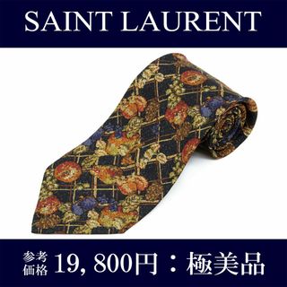 サンローラン ネクタイ シルク 黒 オレンジ 緑 ネイビーブルー チェック 果物