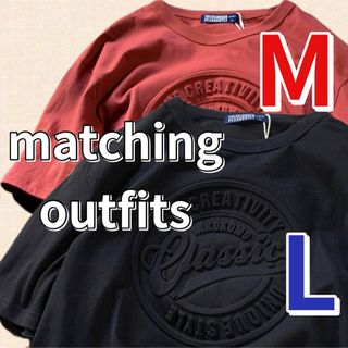 ペアルック 半袖 Tシャツ トップス ワインレッド M ブラック L 2枚セット(Tシャツ/カットソー(半袖/袖なし))