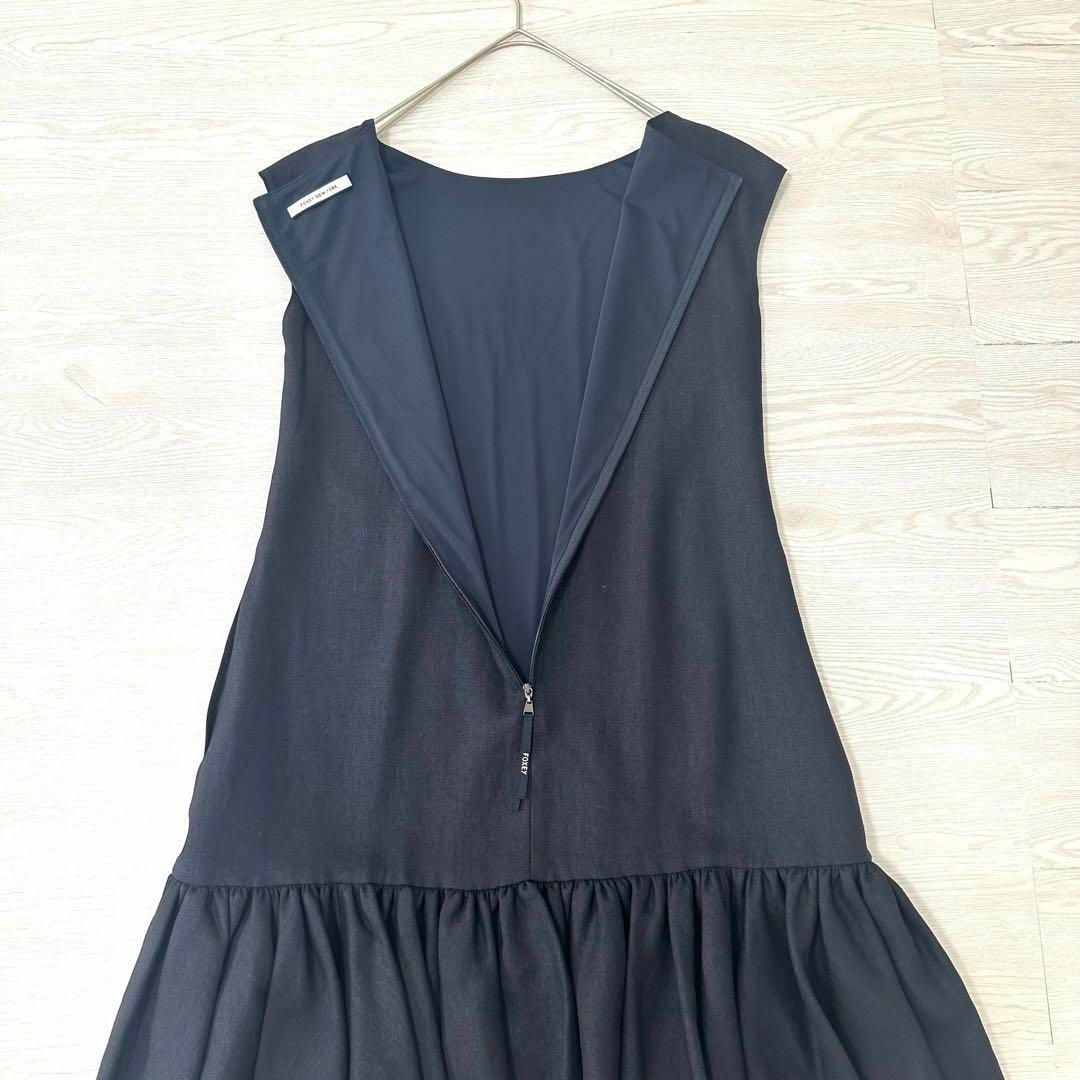 【極美品】 FOXEY LINEN DAHLIA ワンピース ドレス ネイビー FOXEY - 【極美品】 FOXEY LINEN DAHLIA ワンピース ドレス