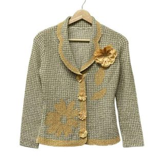 NOKO PLEATS(ノコプリーツ) ジャケット サイズ38 M レディース美品  - グレー×白×ダークイエロー 長袖/シワ加工/フラワー(花)/スパンコール/千鳥格子柄/春/秋(その他)