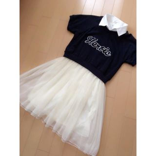 オリーブデオリーブ(OLIVEdesOLIVE)の【美品】♡チュールワンピース ネイビー♡(ひざ丈ワンピース)