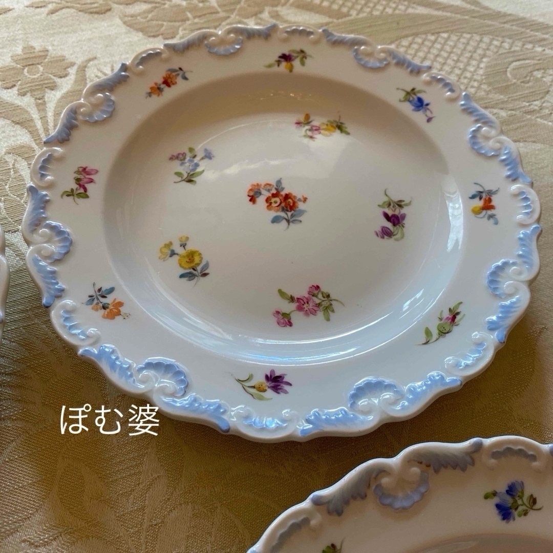 【古マイセン】花絵付け皿 プレート ４枚「ブルーシェル 青の貝／小花散らし」 古マイセン】花絵付け皿 プレート 4枚「ブルーシェル 青の貝／小花