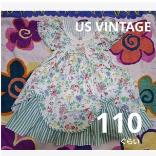 ヴィンテージ(VINTAGE)のUS VINTAGE フラワー ストライプ ドレス キッズ 110 120(ドレス/フォーマル)