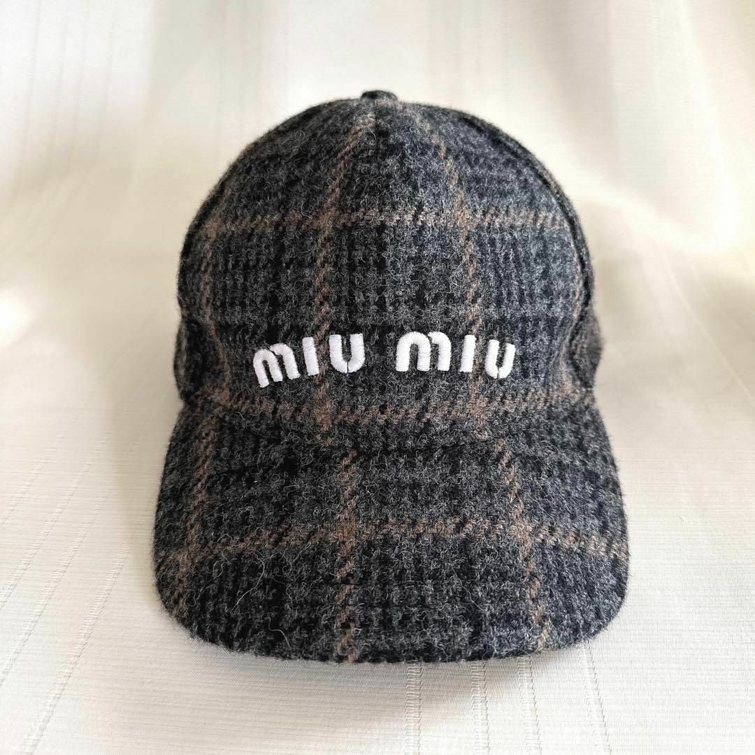 お気にいる MIU MIU - MIUMIU ミュウミュウ チェック柄 刺繍ロゴ入り 帽子