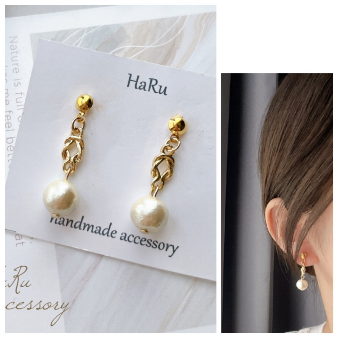 【 k1 】コットンパール ゴールド ハンドメイド ピアスorイヤリング ハンドメイドのアクセサリー(ピアス)の商品写真