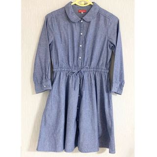美品 水色コットンデニム7分袖シャツワンピース 無地サックスブルー 青 冷房よけ(ひざ丈ワンピース)