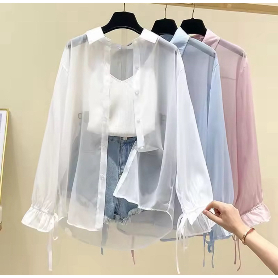 シアーシャツ シフォンシャツ 透ける シャツ UV 紫外線 ブルー レディースのトップス(シャツ/ブラウス(長袖/七分))の商品写真