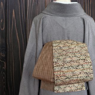 *着物反物*　染め大島とよろけ縞茶色　大人の兵児帯　半幅帯　長尺　ハンドメイド(帯)