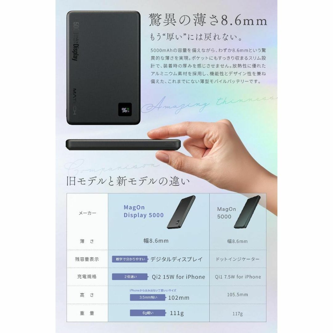 MATECH® Qi2 モバイルバッテリー マグセーフ 超薄型 5000mAh スマホ/家電/カメラのスマホアクセサリー(その他)の商品写真