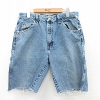 ラングラー(Wrangler)のW33★古着 ラングラー Wrangler ショート パンツ ショーツ メンズ コットン 紺 ネイビー デニム 25jul07 中古 ボトムス 短パン ショーパン ハーフ(ワークパンツ/カーゴパンツ)