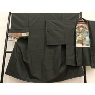平和屋着物■男性　だるま紬　アンサンブル　色無地　黒緑色　浅甲謹製　証紙付き　正絹　逸品　未使用　BAAT3714hv(着物)