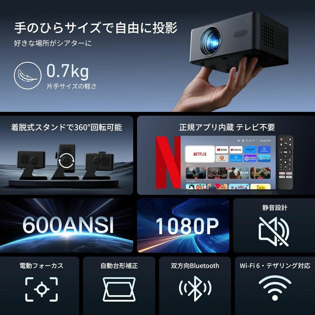 プロジェクター 家庭用 小型 静音 4K対応NetflixPrime Videoの