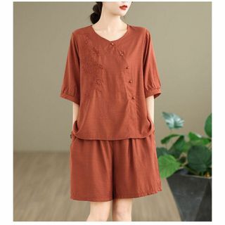 セットアップ上下 3色展開 ゆったり オシャレ 刺繍 ブラウス ショートパンツ(Tシャツ(半袖/袖なし))