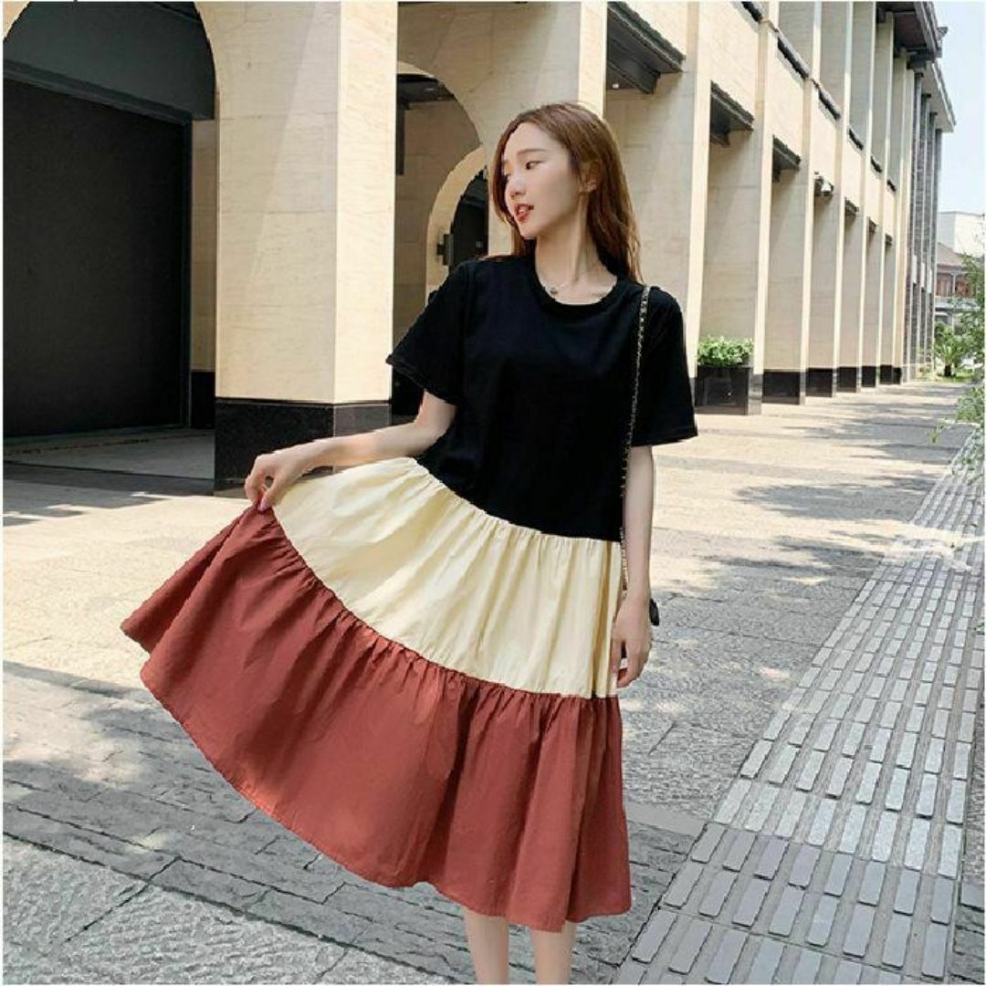 スカート　ロング　ワンピース　ティアード　半袖　ゆったり　ミモレ　Aライン　Ｌ レディースのスカート(ロングスカート)の商品写真