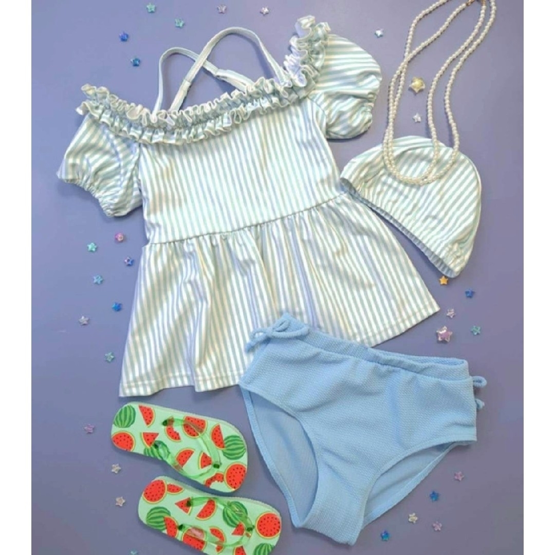 水着 ストライプブルー 女の子 帽子付 120 プティマイン BRANSHES キッズ/ベビー/マタニティのキッズ服女の子用(90cm~)(水着)の商品写真