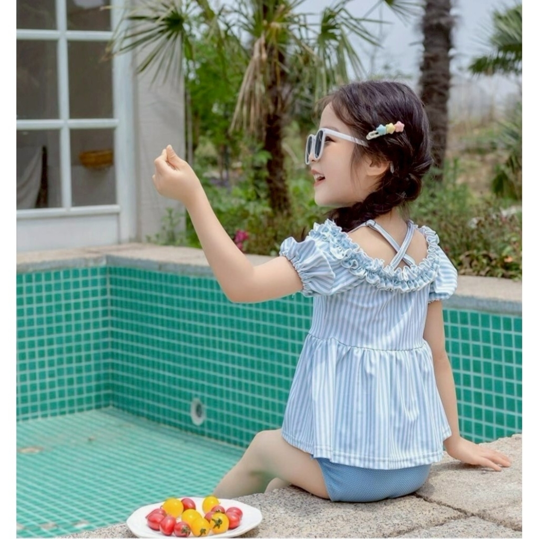 水着 ストライプブルー 女の子 帽子付 120 プティマイン BRANSHES キッズ/ベビー/マタニティのキッズ服女の子用(90cm~)(水着)の商品写真