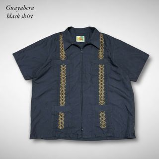 Habandグアヤベラシャツブラックゴールド刺繍半袖キューバシャツジップアップ黒(シャツ)