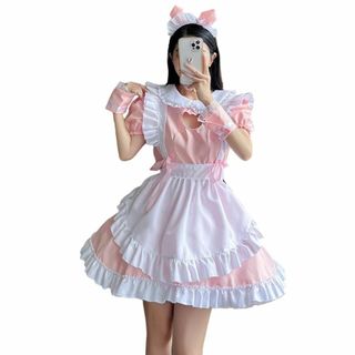【色:ピンク_サイズ:M】[YUEEI] メイド服 猫 胸空き レース コスプレ(その他)