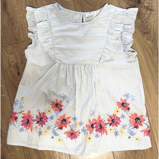 GAP KID 花柄刺繍 半袖フリル袖ブラウス ストライプ130-140