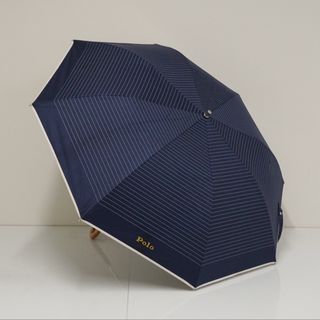 折りたたみ傘 POLO RALPH LAUREN ポロラルフローレン USED品 晴雨兼用 ボーダー UV 50cm ロゴ 木製手元 ネイビー FA9067