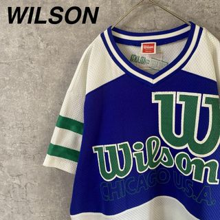 Wilson メッシュ Vネック Tシャツ　ゆったり　ビッグロゴ　ブルLサイズ
