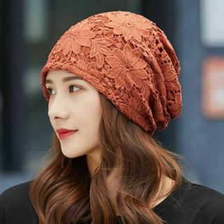 ターバンキャップ 帽子 レース素材 ケア帽子 薄手 ブラウン 春夏秋 デザインD